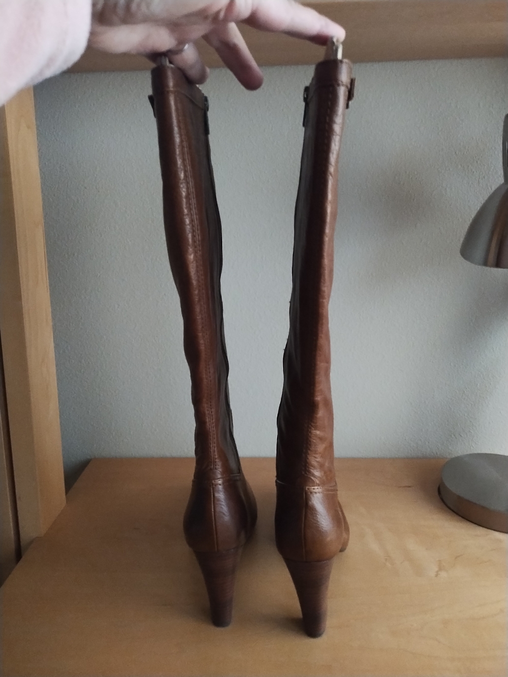 Frye Miranda Zip Leather Knee-High Heeled Boots In Cognac - Picture 2 of 10